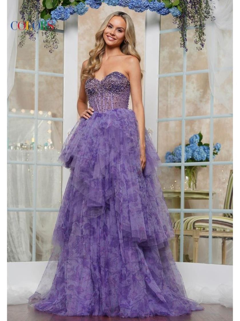 Prom Dresses Formal˜Print Mesh Ruffle Long Prom Dress Lavender