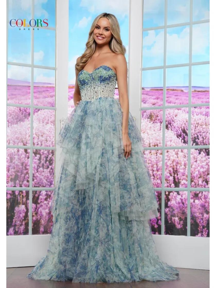 Prom Dresses Formal˜Print Mesh Ruffle Long Prom Dress Sage