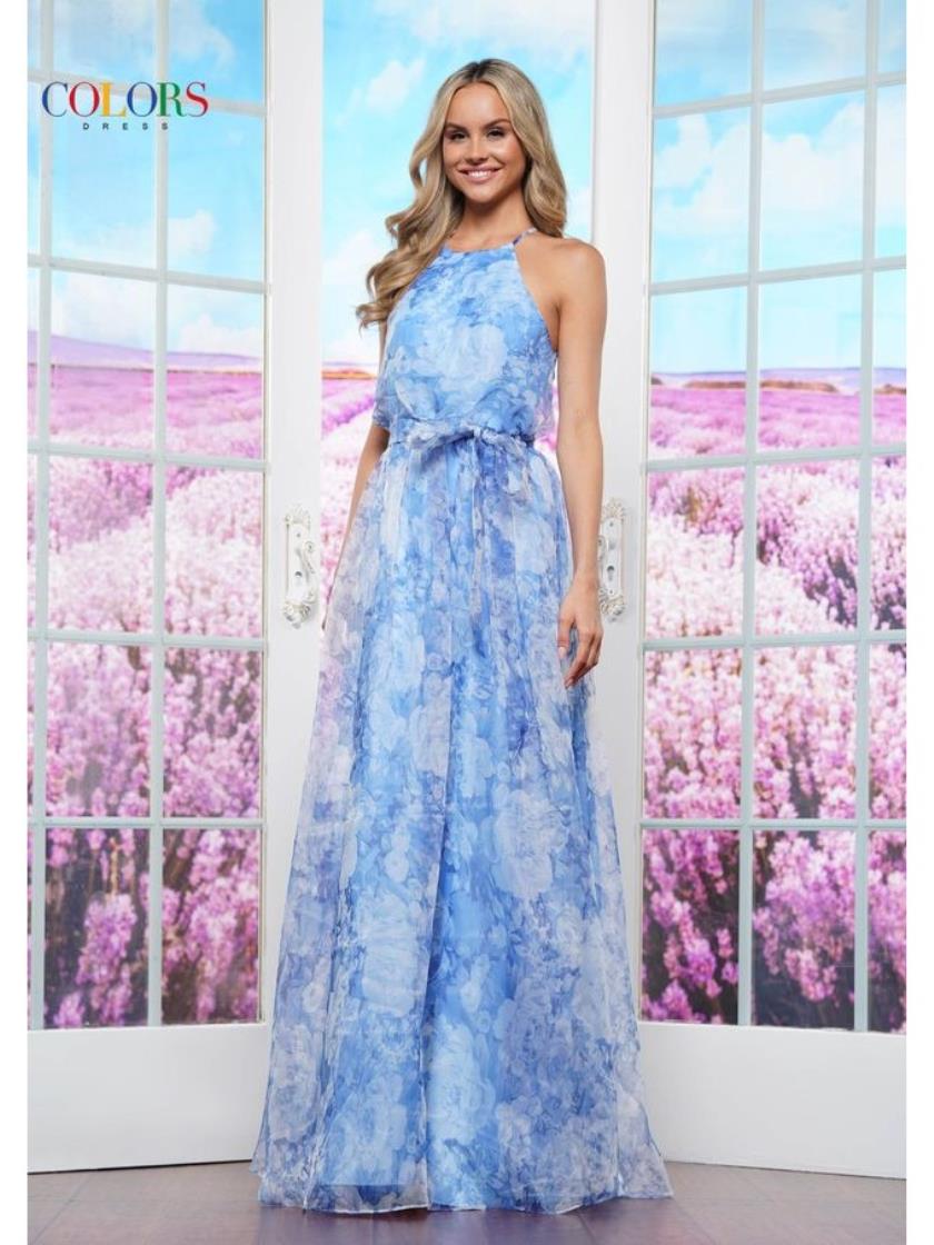 Prom Dresses Long Print Organza Formal Prom Dress  Blue