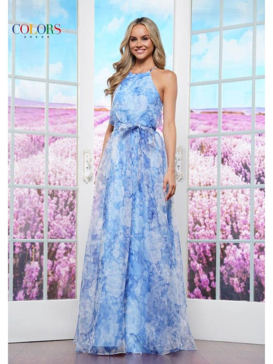 Prom Dresses Long Print Organza Formal Prom Dress  Blue