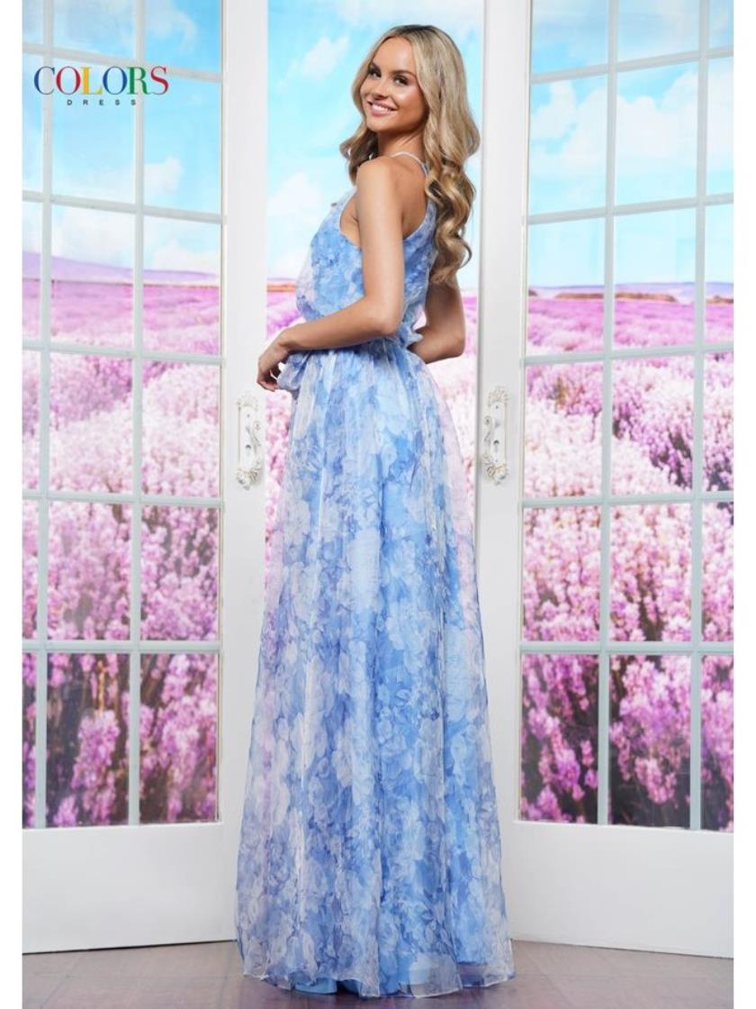 Prom Dresses Long Print Organza Formal Prom Dress  Blue
