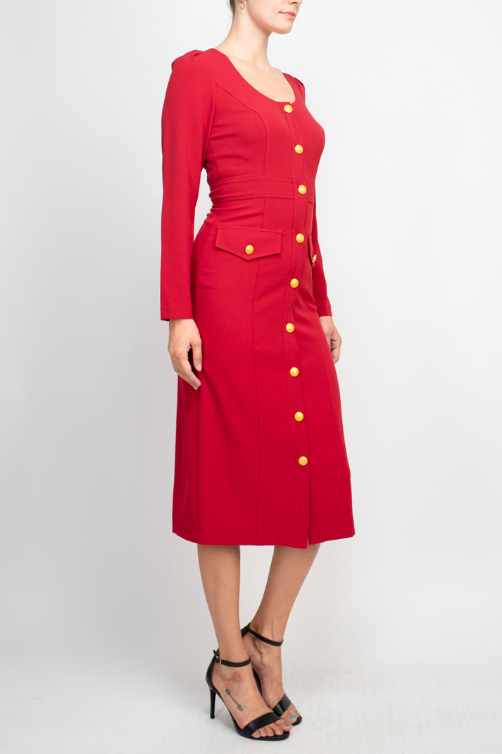 Mother of the Bride Dresses Long Sleeve Button Cocktail Midi Dress Classic Red