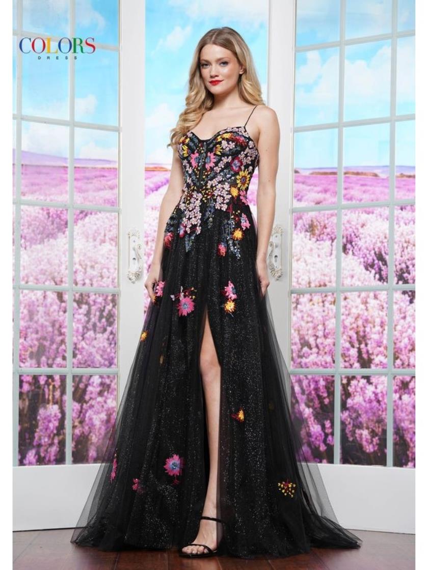 Prom Dresses Formal Floral Long Slit Skirt Prom Dress Black