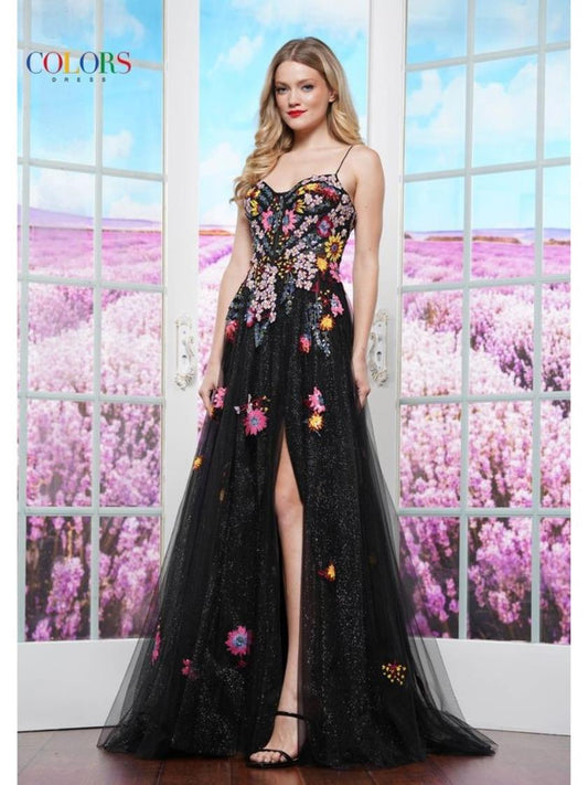 Prom Dresses Formal Floral Long Slit Skirt Prom Dress Black