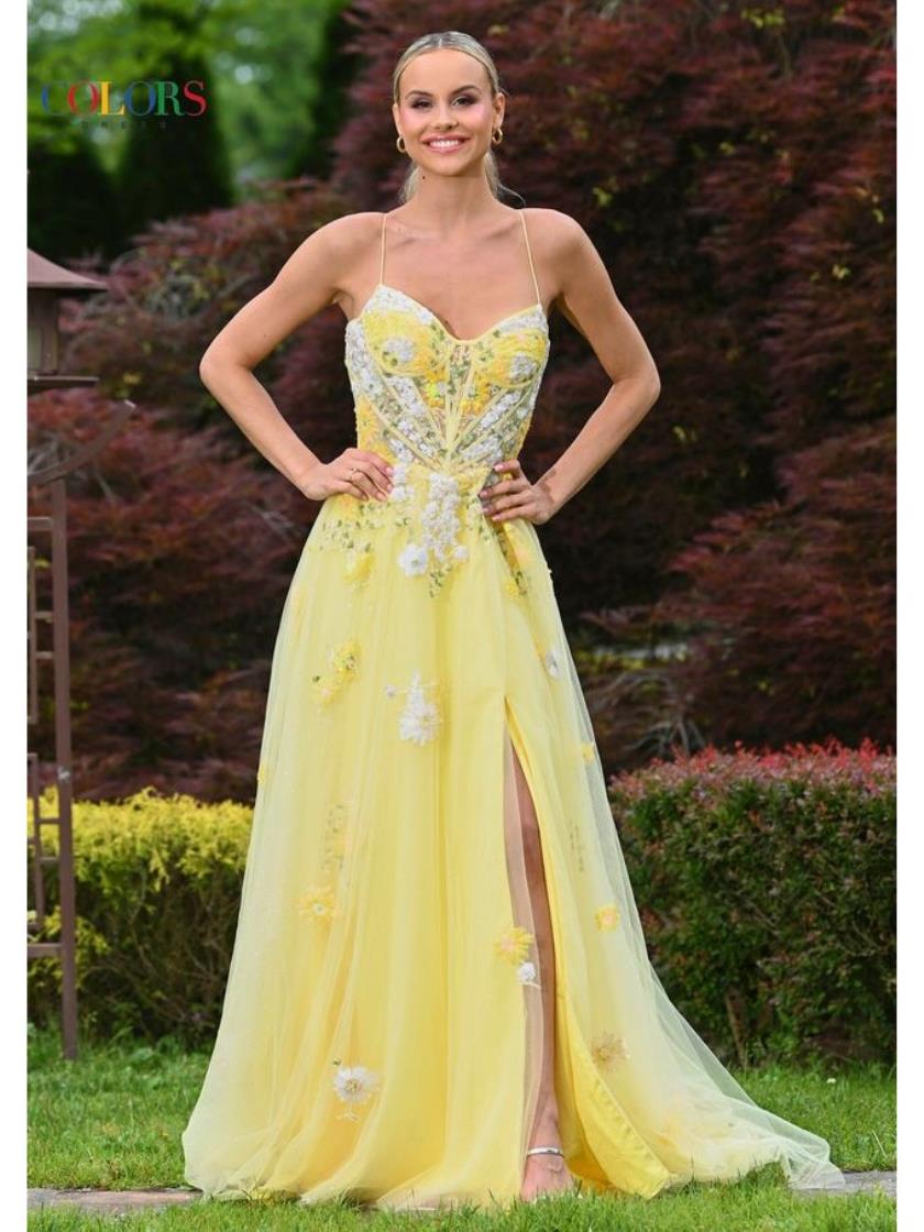 Prom Dresses Formal Floral Long Slit Skirt Prom Dress Yellow