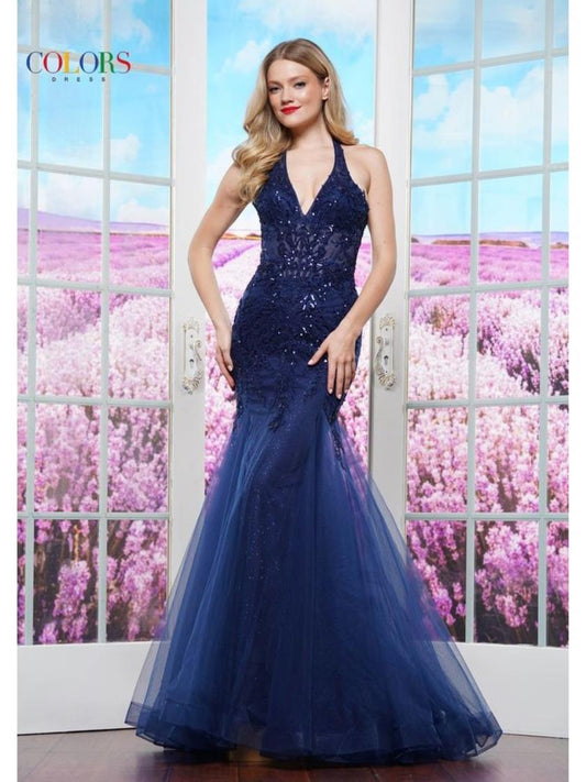 Prom Dresses Formal Fitted Long Halter Neck Prom Dress Navy