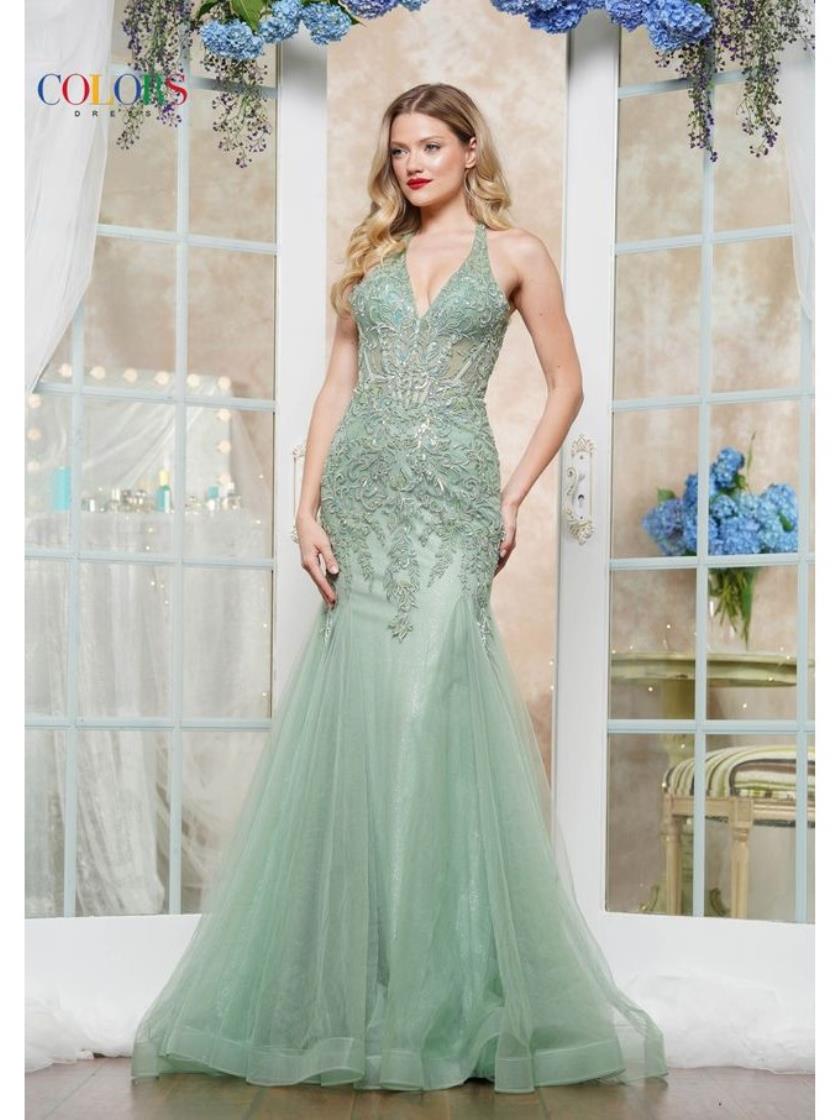 Prom Dresses Formal Fitted Long Halter Neck Prom Dress Sage