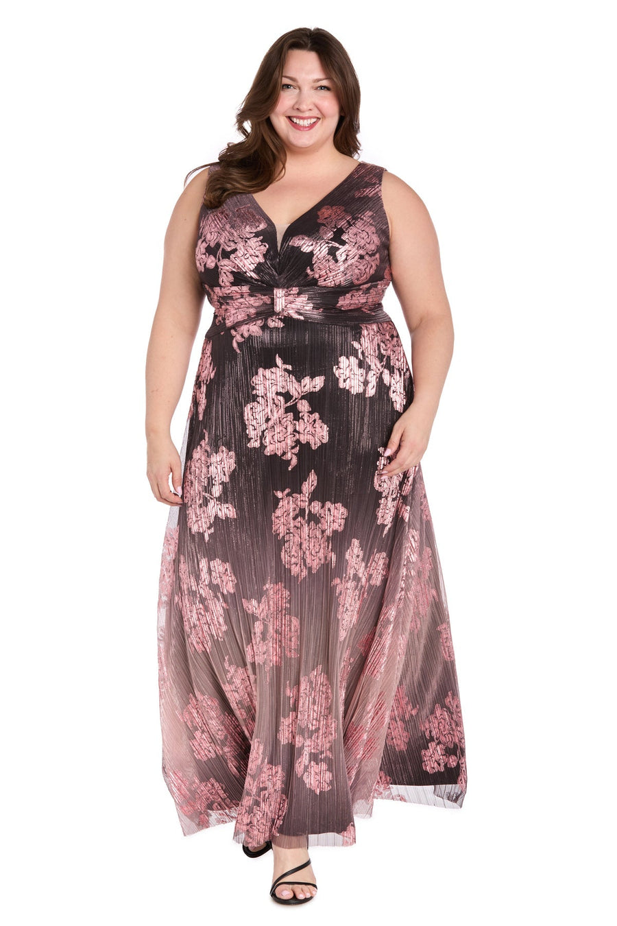 Plus Size Dresses Plus Size Long Floral Metallic Ombre  Formal Dress Charcoal/Rose