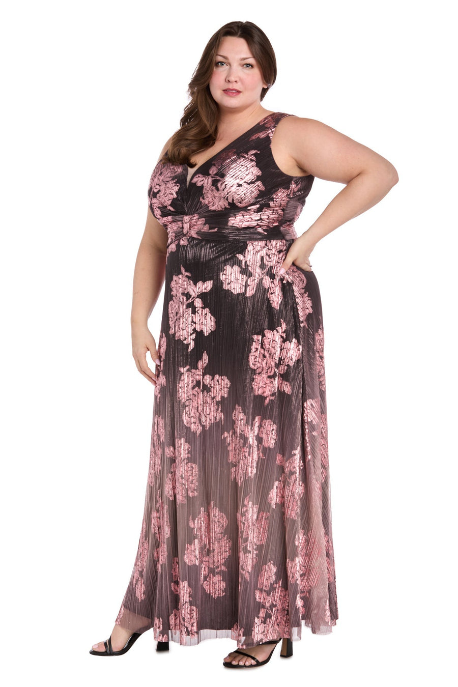 Plus Size Dresses Plus Size Long Floral Metallic Ombre  Formal Dress Charcoal/Rose