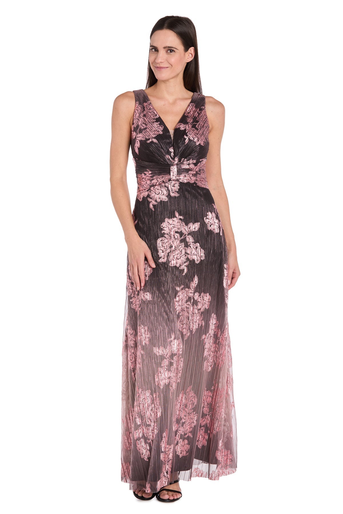 Formal Dresses  Long Formal Metallic Ombre Floral Dress Charcoal/Rose