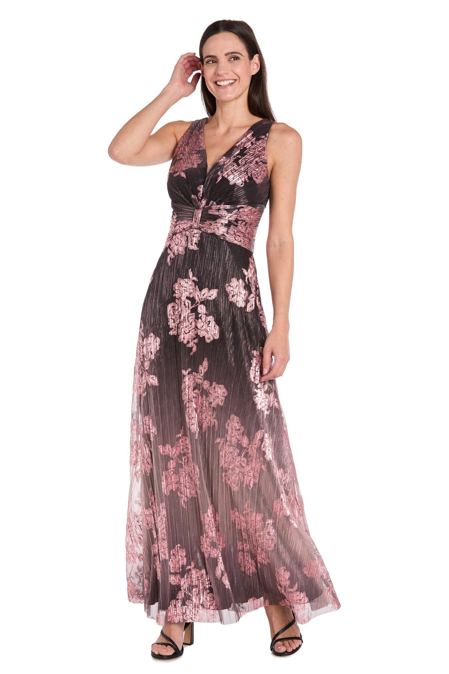 Formal Dresses  Long Formal Metallic Ombre Floral Dress Charcoal/Rose