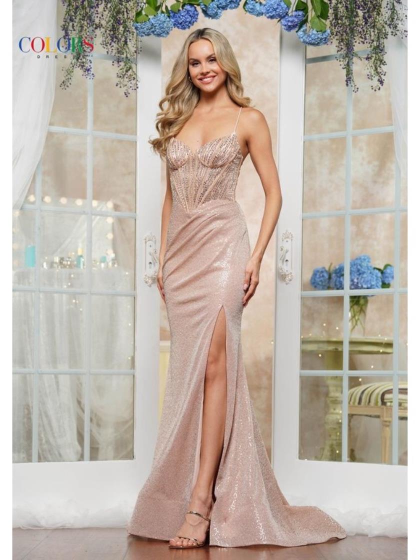 Prom Dresses Fitted Sequin Long Formal Prom Dress Rose Gold