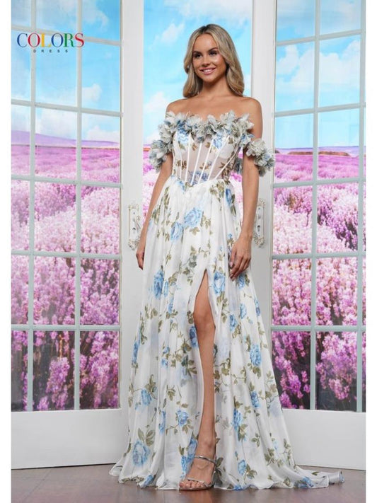 Prom Dresses Floral Long Formal Prom Dress Blue