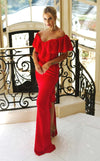Prom Dresses Ruffle Long Formal Slit Prom Peplum Dress Red