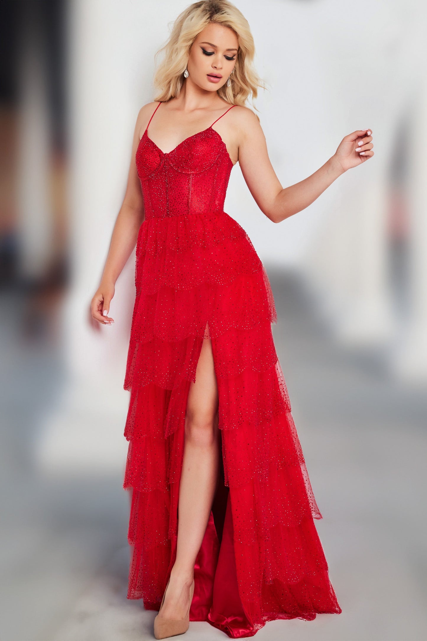 Prom Dresses Long Spaghetti Strap Beaded Layered Skirt Prom Dress Red