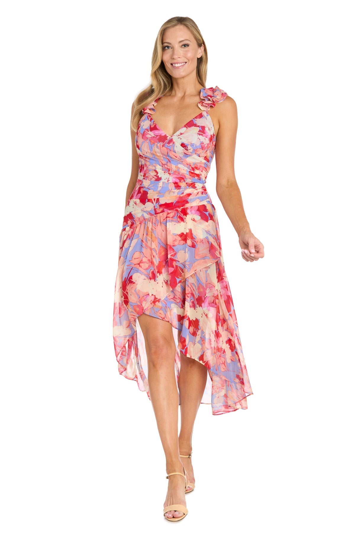 Cocktail Dresses Pleated High Low Printed Cocktail Dress Coral/Multi