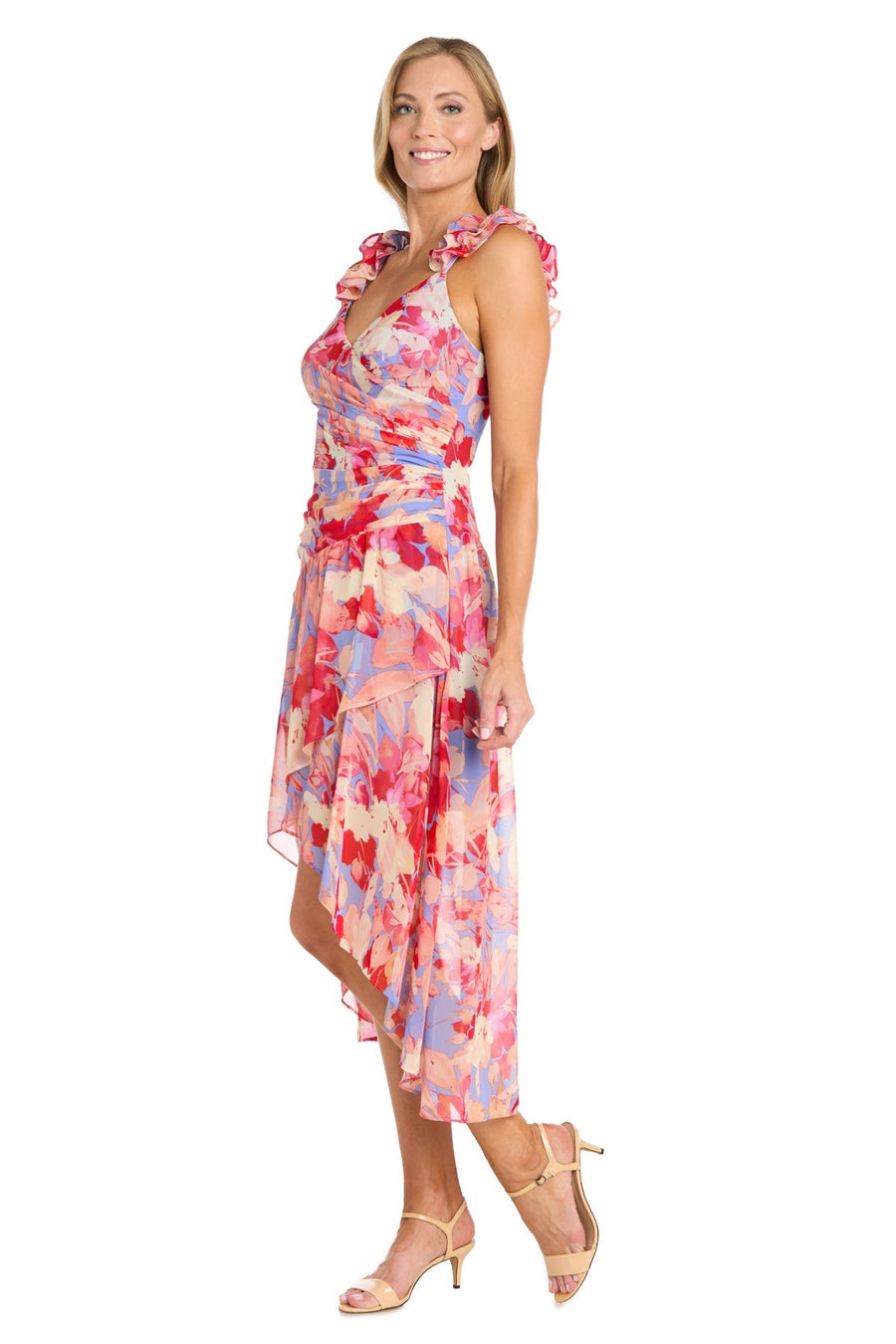 Cocktail Dresses High Low Printed Petite Cocktail Dress Coral/Multi