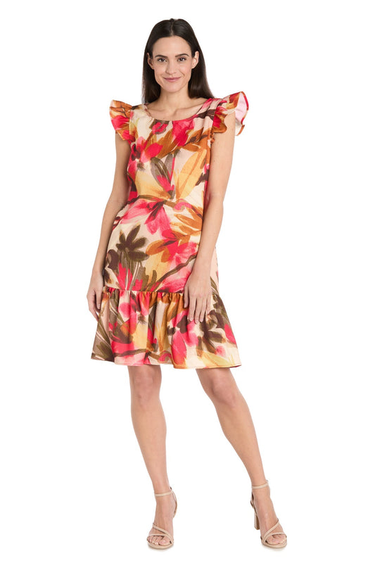Cocktail Dresses Short Floral Print Ruffle Cocktail Dress Coral/Sand