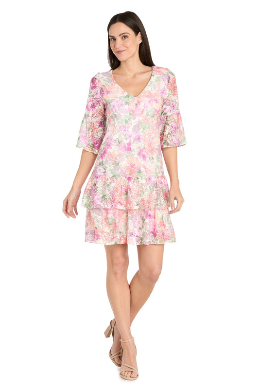 Cocktail Dresses Short Cocktail Floral Lace Ruffle Dress Ivory/Blossom