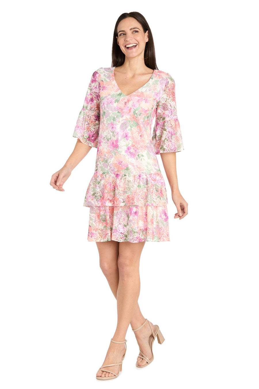 Cocktail Dresses Short Cocktail Floral Lace Ruffle Dress Ivory/Blossom