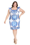 Plus Size Dresses Plus Size Short Printed Ruffle Dress White/Blue