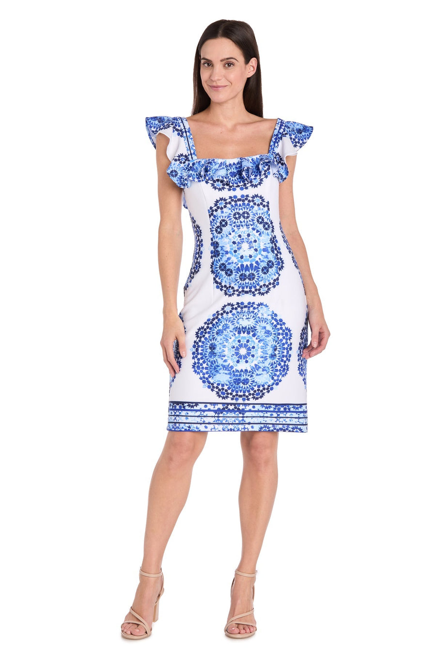 Cocktail Dresses Short Ruffle Print Fitted Cocktail Dress White/Blue