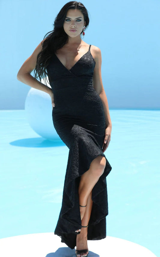 Prom Dresses Formal Floral Lace High Low Prom Dress Black