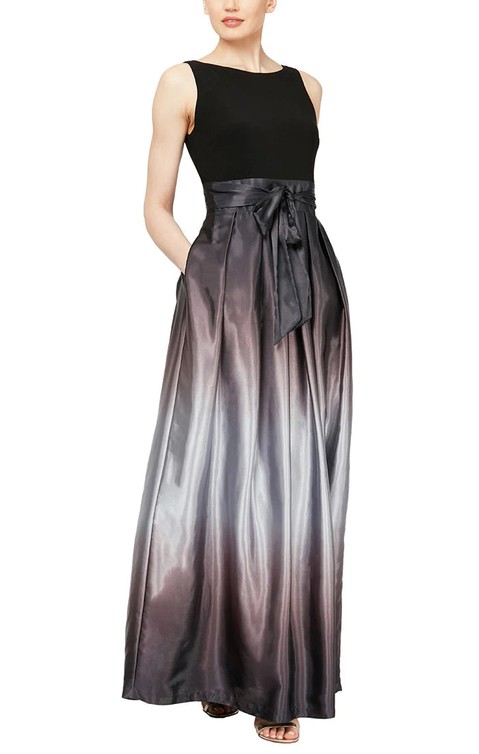 Formal Dresses Ombre Skirt & Tie Belt Long Dress Black Silver