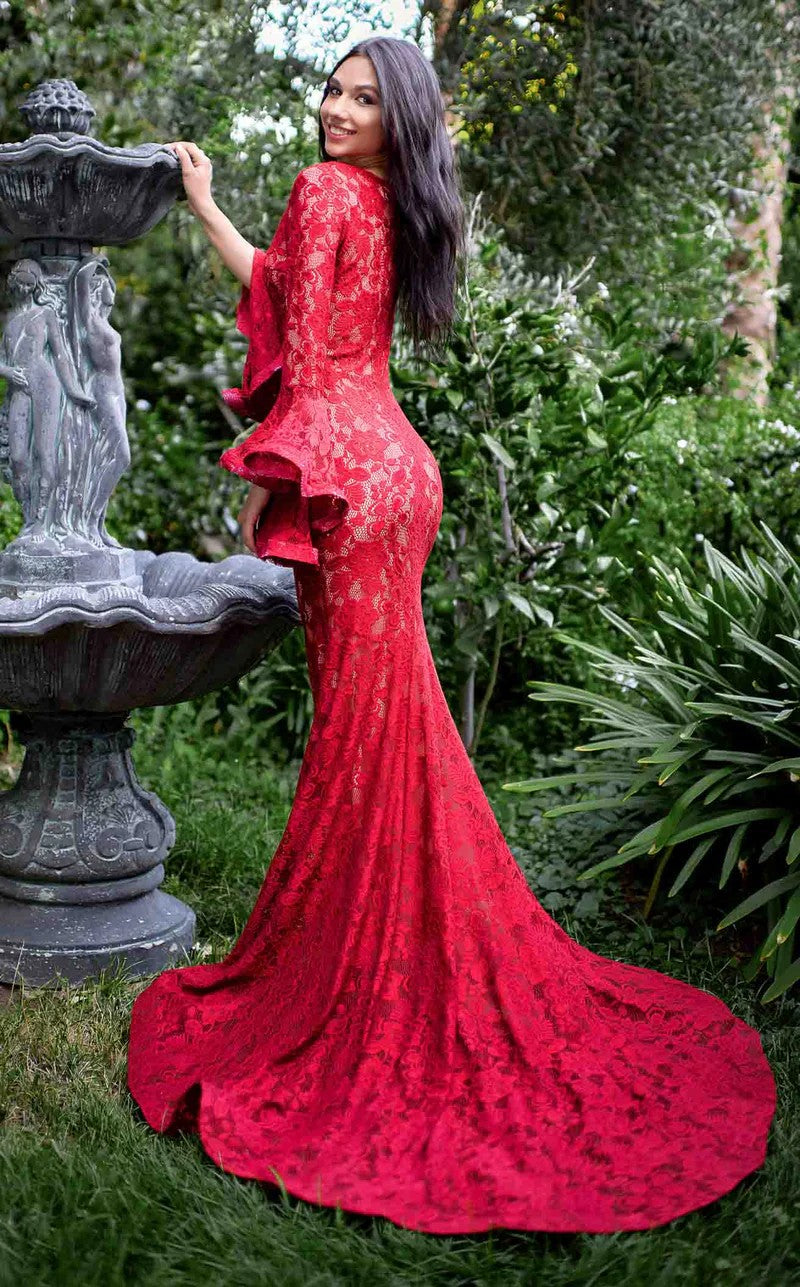 Prom Dresses Fitted Long Formal Lace Mermaid Floral Evening Prom Dress Red