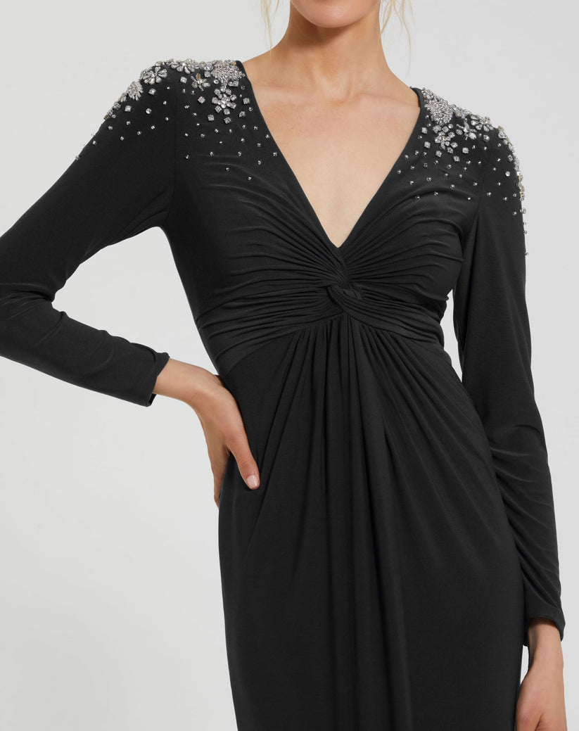 Formal Dresses Fitted Long Sleeve Formal Beaded Evening Dress Black