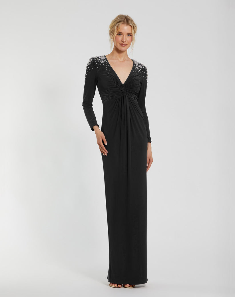 Formal Dresses Fitted Long Sleeve Formal Beaded Evening Dress Black