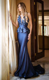 Formal Dresses Fitted Long Formal Floral Peplum Evening Dress Navy