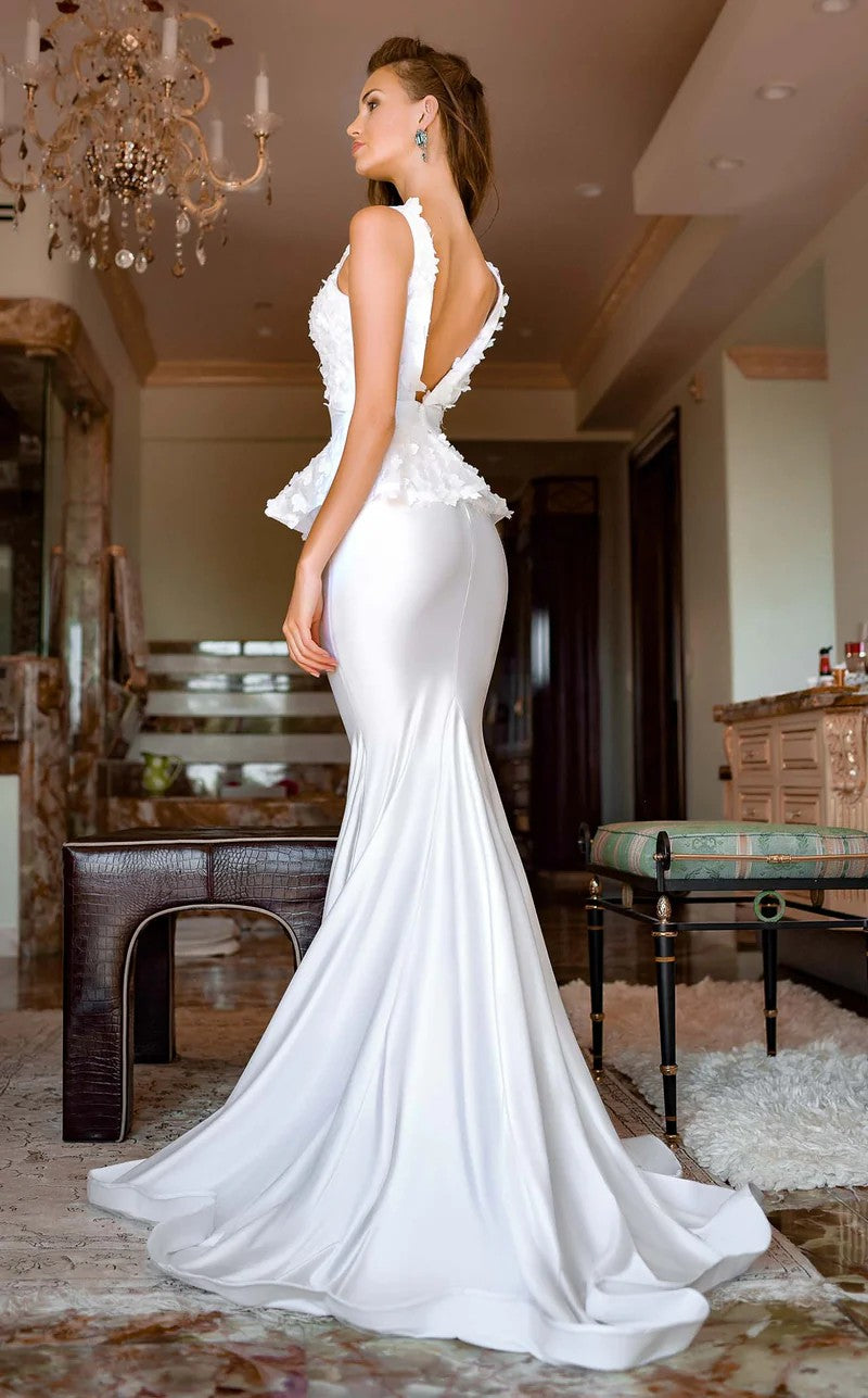 Formal Dresses Fitted Long Formal Floral Peplum Evening Dress White