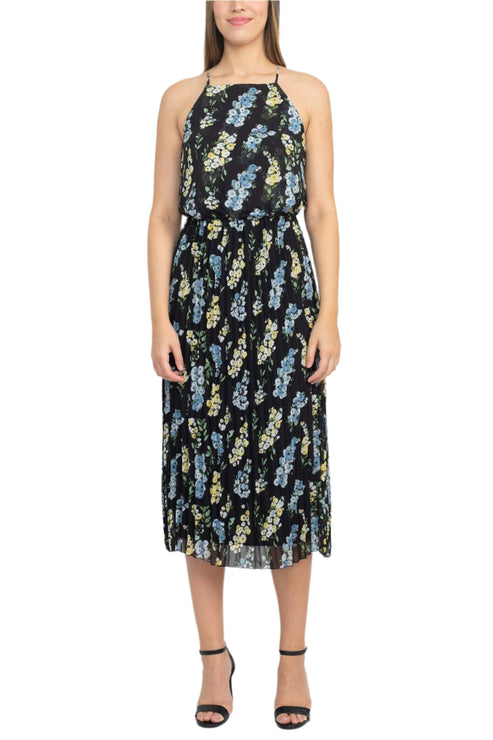 Cocktail Dresses Pleated Cocktail Printed Midi Length Dress Black Multi
