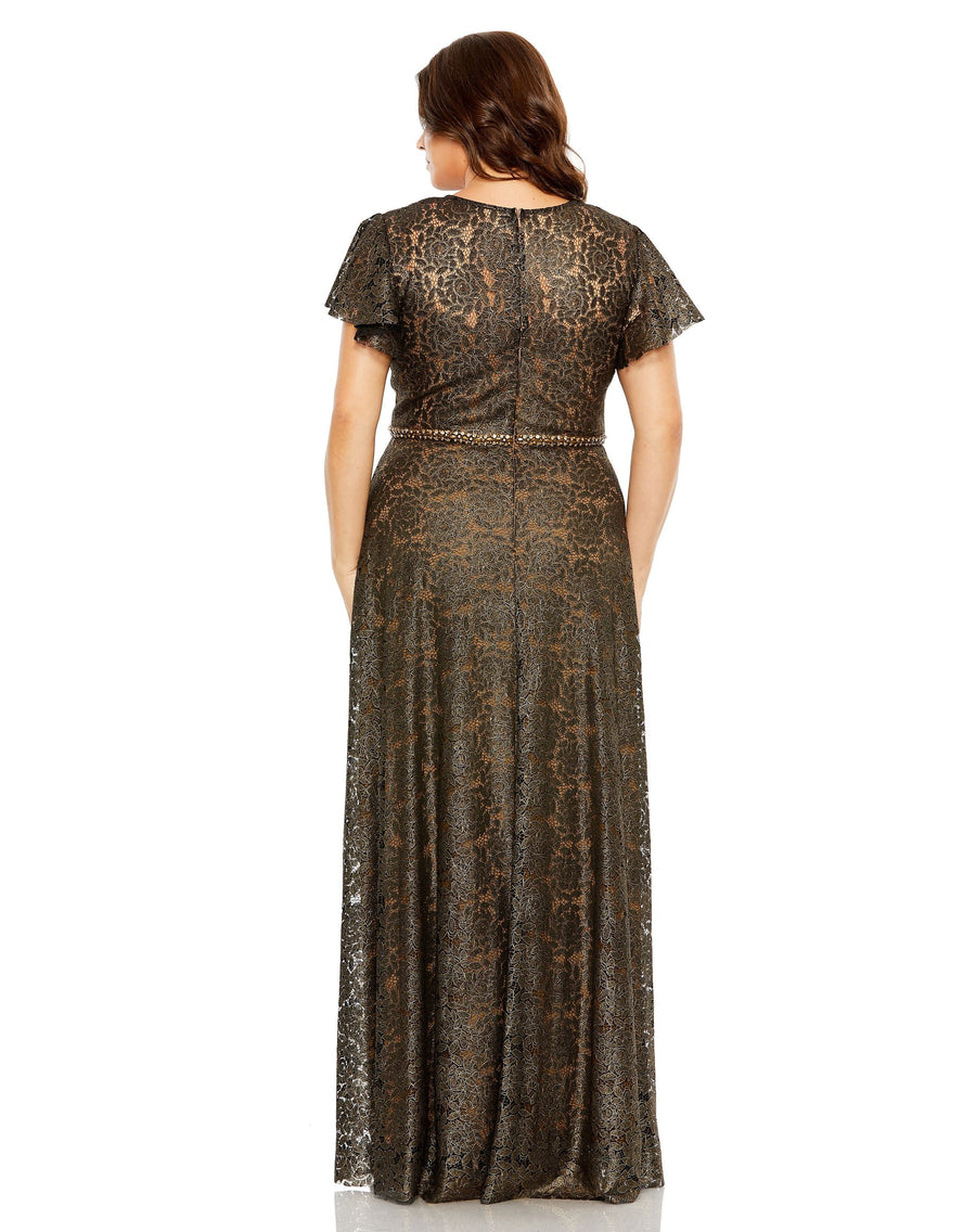 Plus Size Dresses Long Plus Size Formal Beaded Belt Dress Black Gold