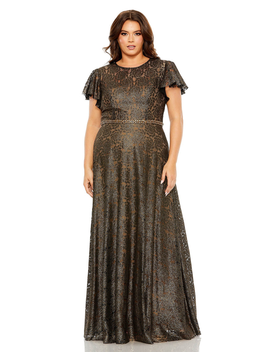 Plus Size Dresses Long Plus Size Formal Beaded Belt Dress Black Gold