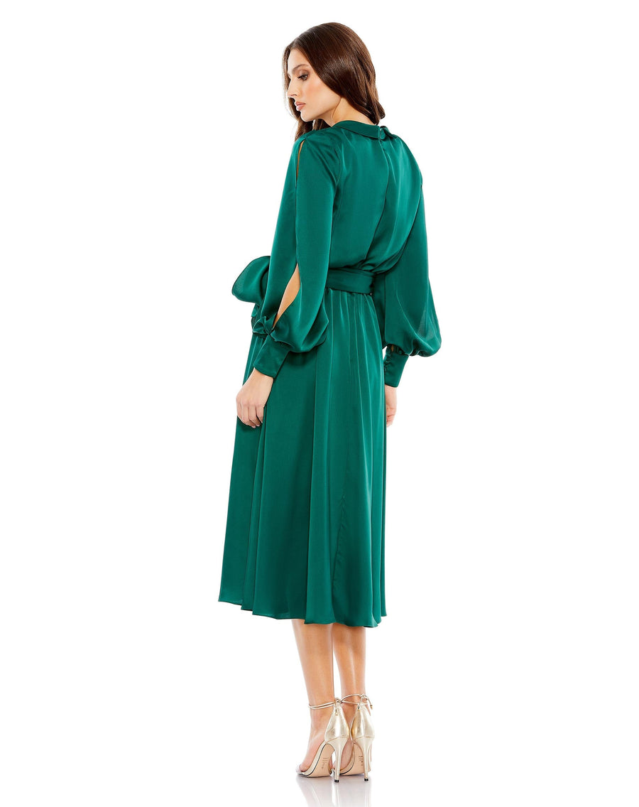 Cocktail Dresses Long Sleeve Ribbon Cocktail Midi Dress Emerald