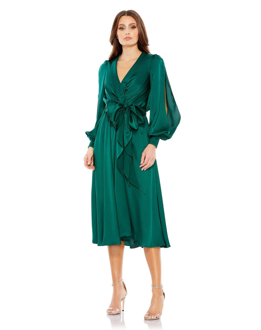 Cocktail Dresses Long Sleeve Ribbon Cocktail Midi Dress Emerald