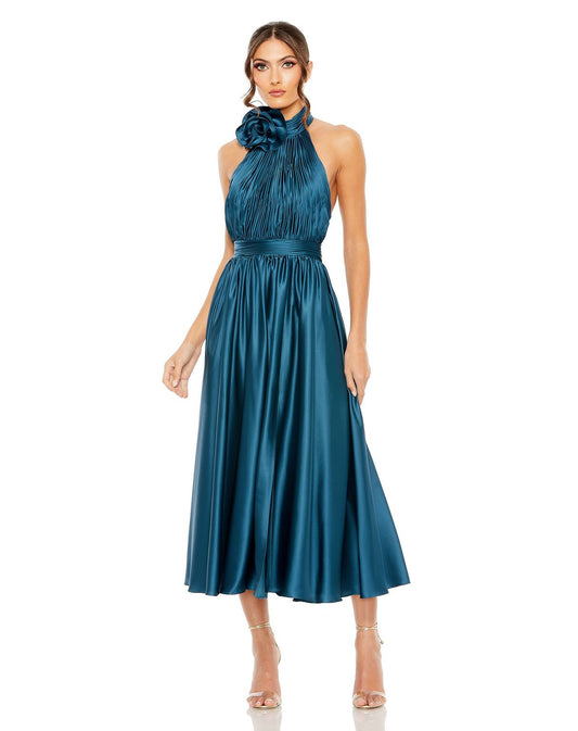 Formal Dresses Pleated Halter Formal Prom Midi Dress Ocean