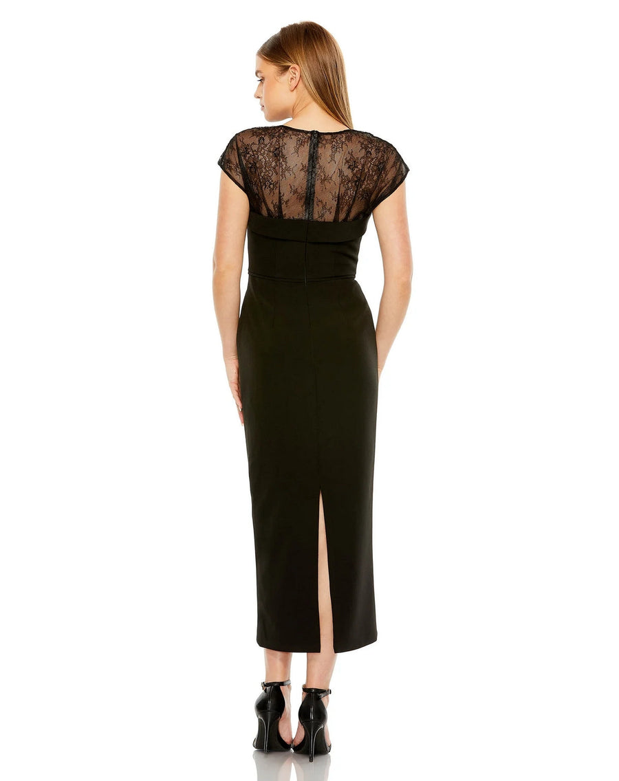 Formal Dresses Sheer Lace Top Crepe Midi Dress Black