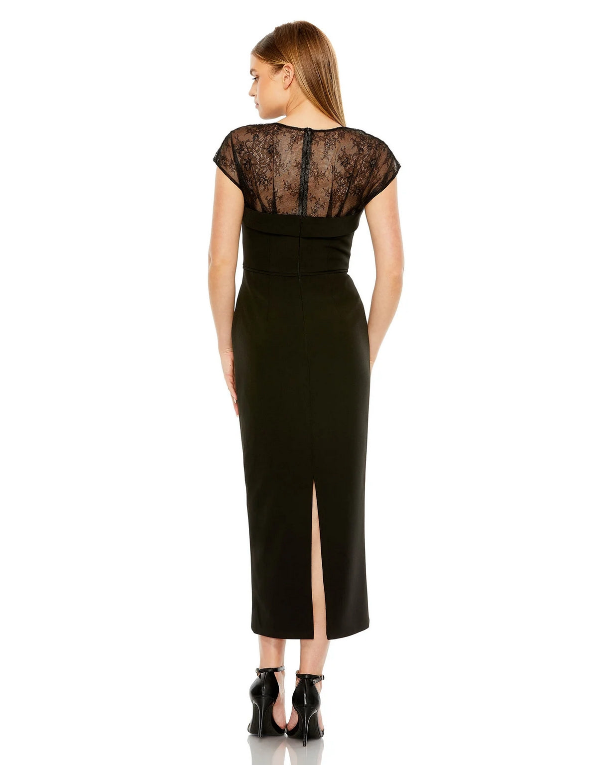 Formal Dresses Sheer Lace Top Crepe Midi Dress Black