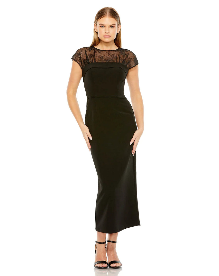 Formal Dresses Sheer Lace Top Crepe Midi Dress Black