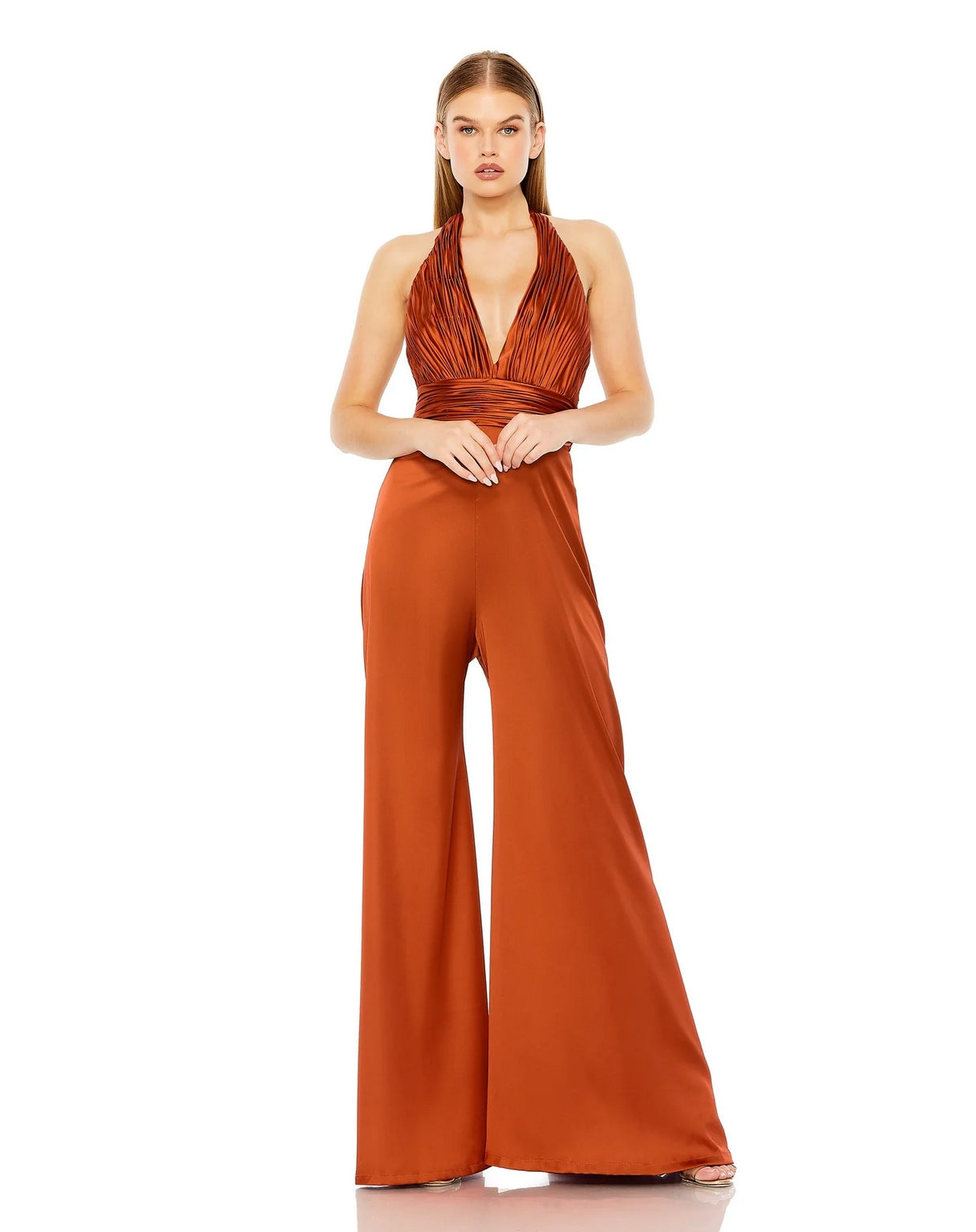 Formal Dresses Ruched Halter Top Wide Leg Satin Jumpsuit Rust