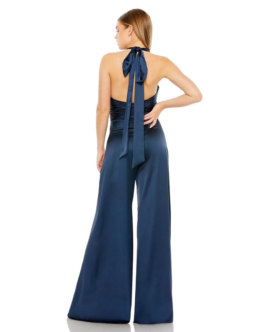 Formal Dresses Ruched Halter Top Wide Leg Satin Jumpsuit Sapphire