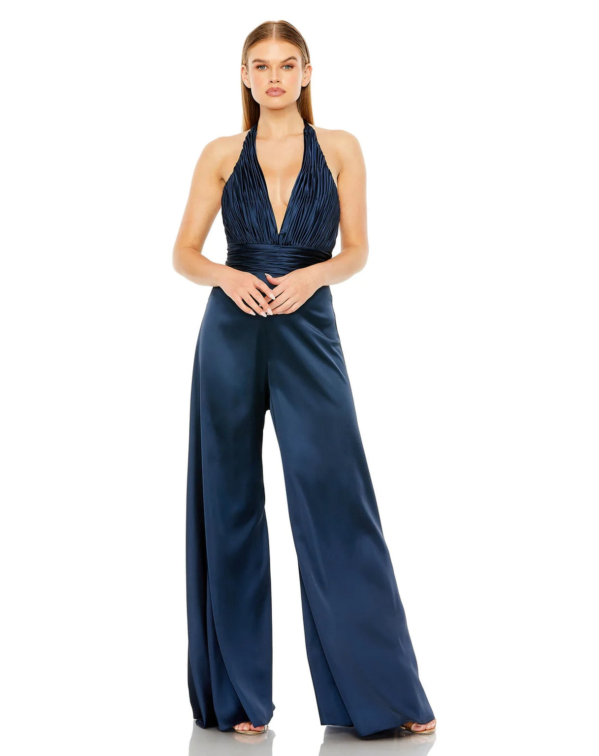 Formal Dresses Ruched Halter Top Wide Leg Satin Jumpsuit Sapphire