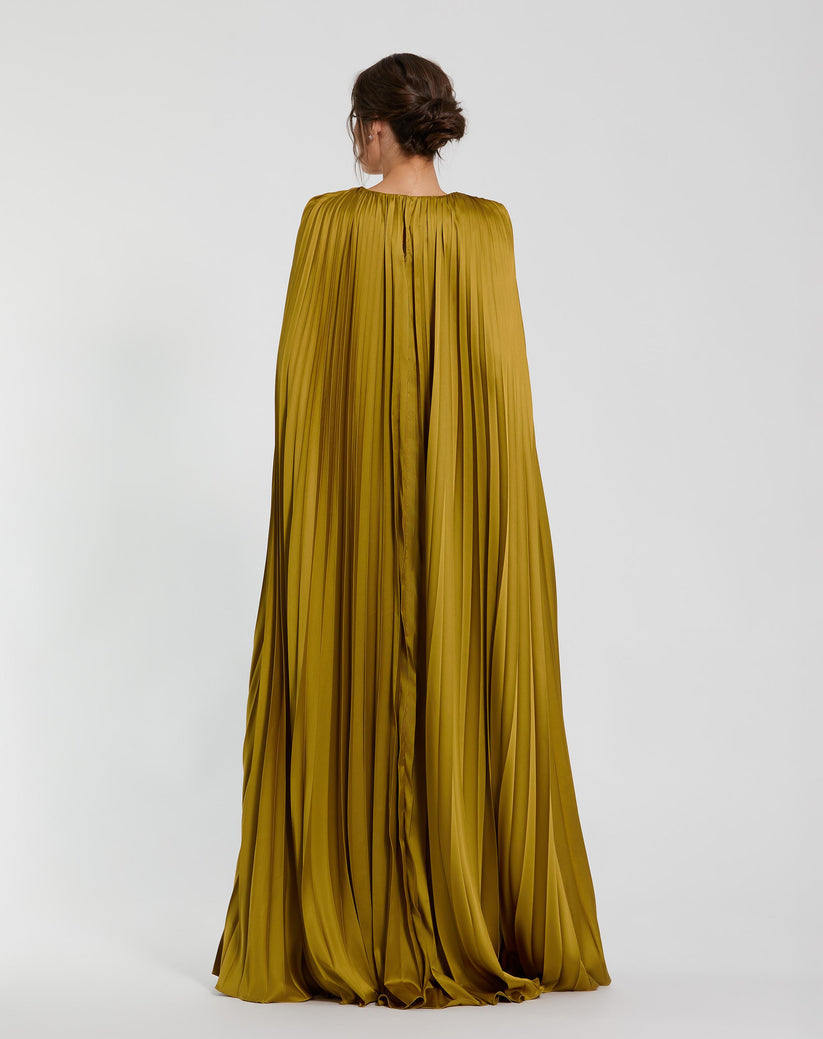 Formal Dresses Pleated Long A Line Formal Cape Sleeve Dress Chartreuse