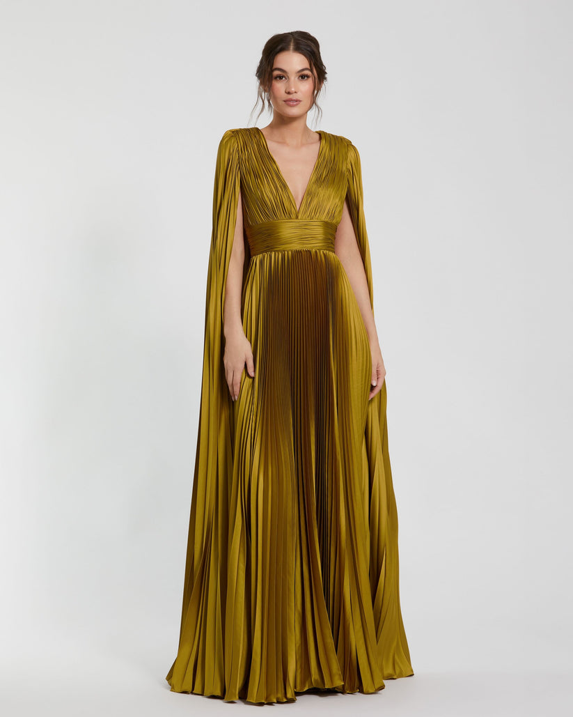 Formal Dresses Pleated Long A Line Formal Cape Sleeve Dress Chartreuse