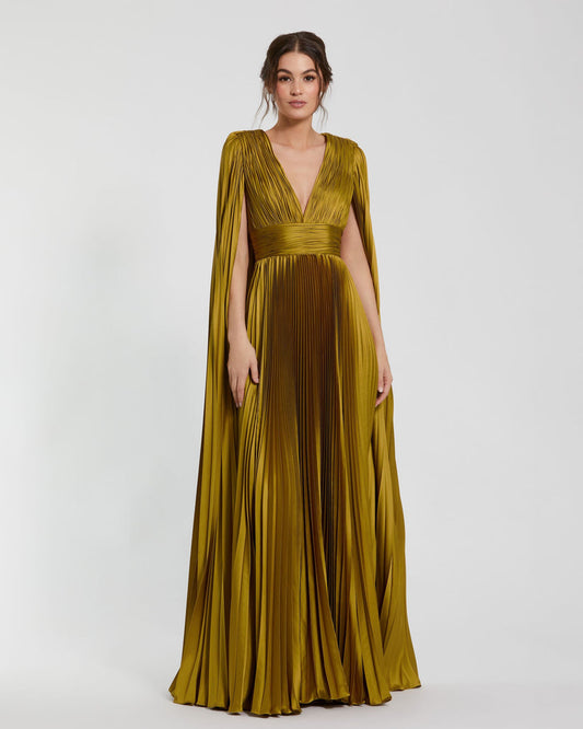 Formal Dresses Pleated Long A Line Formal Cape Sleeve Dress Chartreuse