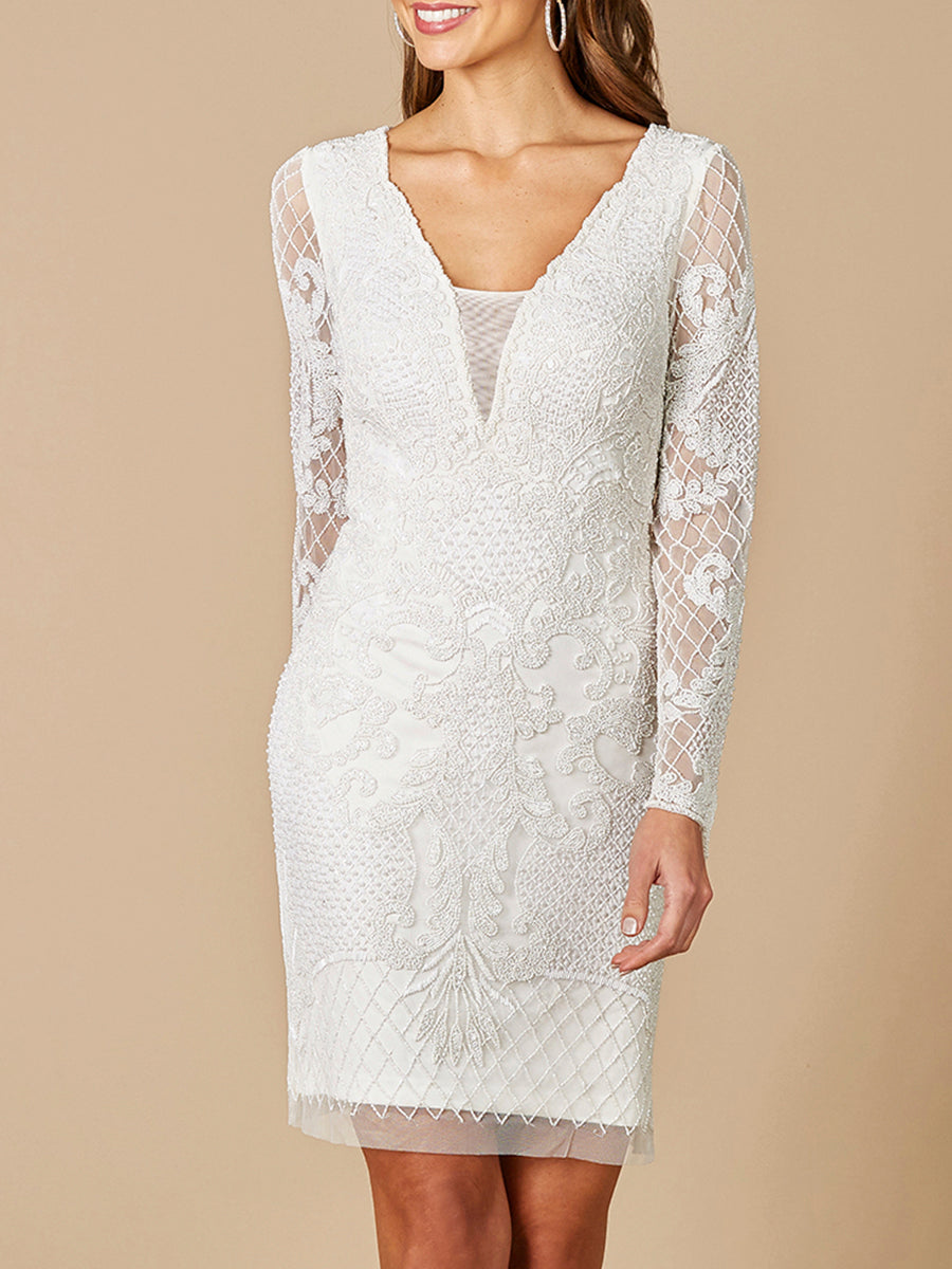 Cocktail Dresses Beaded Short Lace Cocktail Mini Dress Ivory