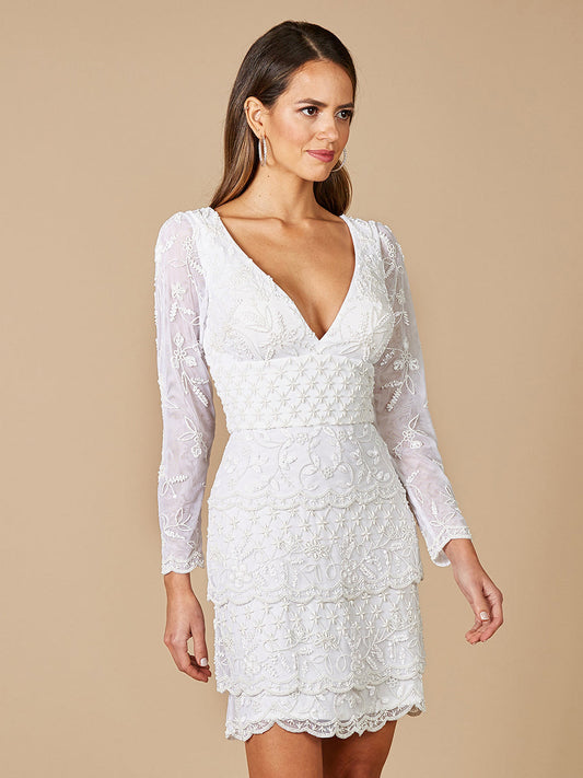 Cocktail Dresses Beaded Short Mini Layered Cocktail Dress Ivory